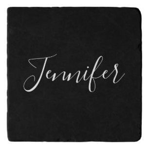 Your Name   Elegant White Script on Black Trivet