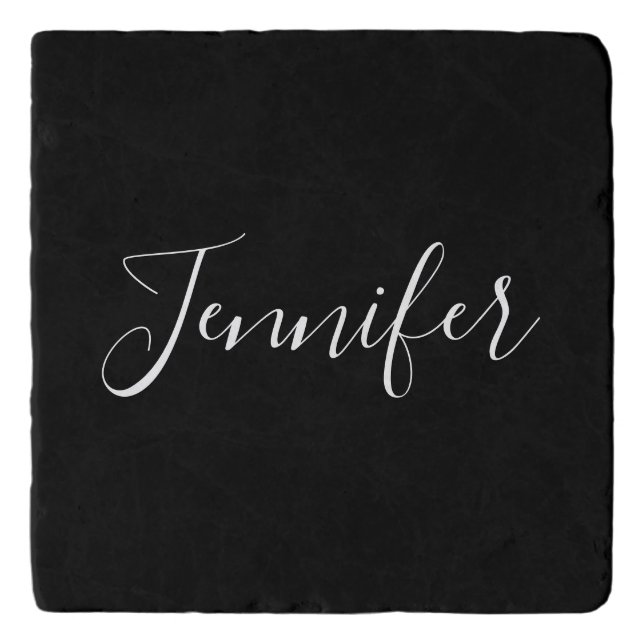 Your Name | Elegant White Script on Black Trivet (Front)
