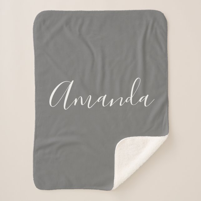 Your Name | Elegant White Script on Grey Sherpa Blanket (Front)