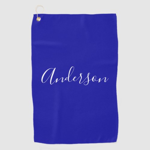 Your Name  Elegant White Script on Royal Blue Golf Towel