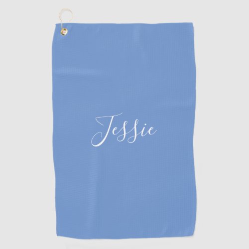 Your Name  Elegant White Script on Soft Blue Golf Towel