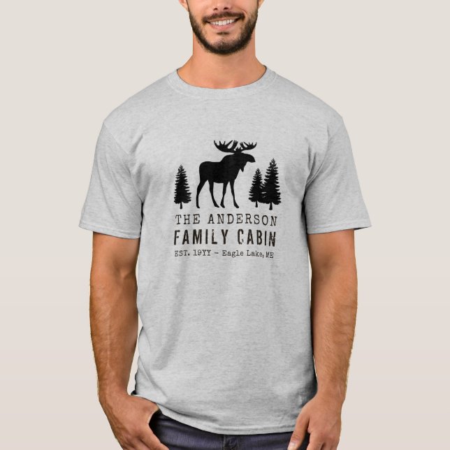 Your Name Family Cabin Moose Pine Tree Silhouette T-Shirt (Front)