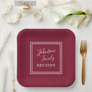 Your Name Family Reunion Script Burgundy Paper Plates