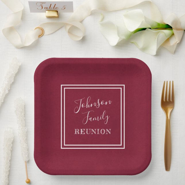 Your Name Family Reunion Script Burgundy Paper Plates (Wedding)