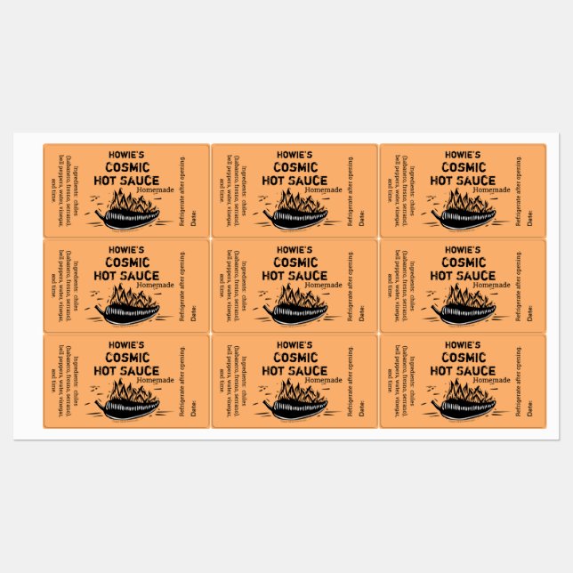 Your Name Flaming Chili Pepper Homemade Hot Sauce  Labels (Sheet)