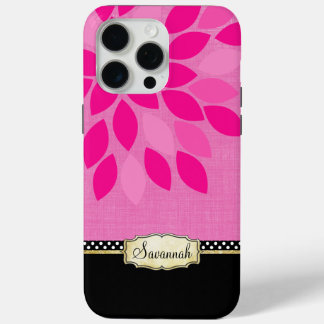 Your Name Floral Pink Black Gold iPhone 15 Pro Max Case