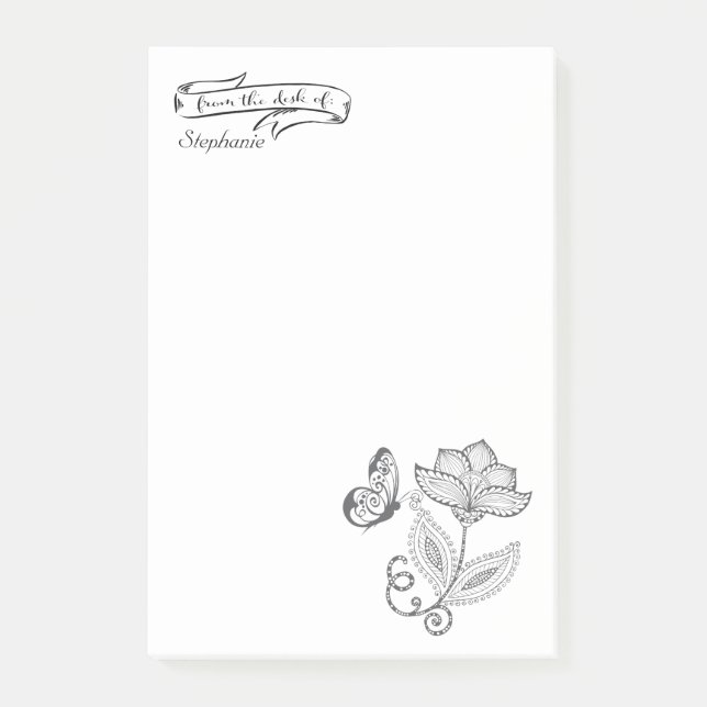 YOUR NAME | from the Desk of Butterfly Flower Post-it Notes (Front)