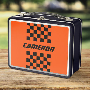 Your Name Fully Editable Colors Checkered Stripe Metal Lunch Box