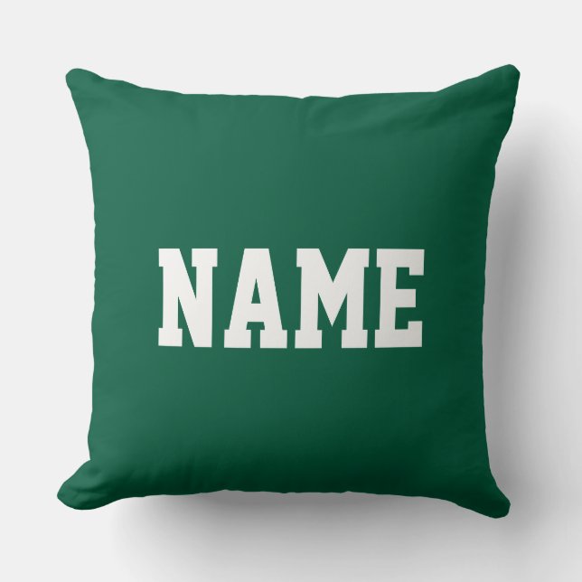 YOUR NAME Fun Athletic Text On Deep Hunter Green Throw Pillow (Front)
