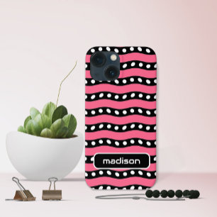 Your Name Fun Pink and Black Stripes with Dots iPhone 13 Mini Case