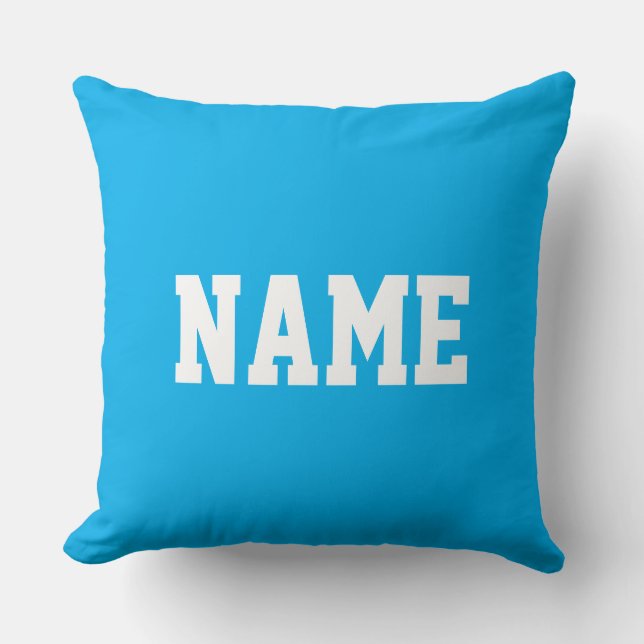 YOUR NAME Fun White Athletic Text On Azure Blue Throw Pillow (Front)