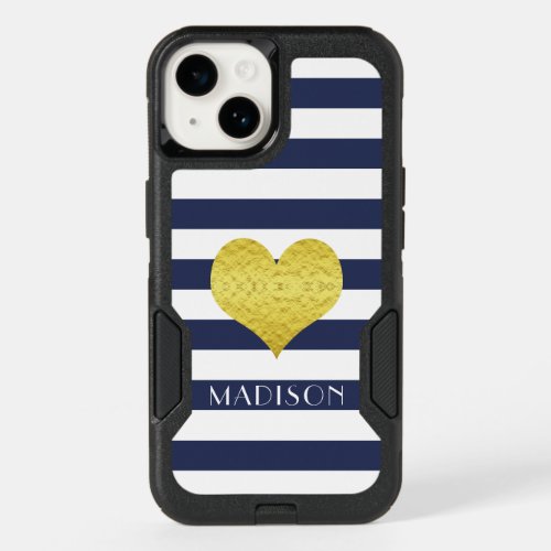 Your Name Gold Heart Blue White Stripes Pattern OtterBox iPhone 14 Case