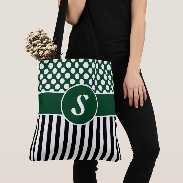 Your Name Green White Stripes Polka Dot Tote Bag (Close Up)