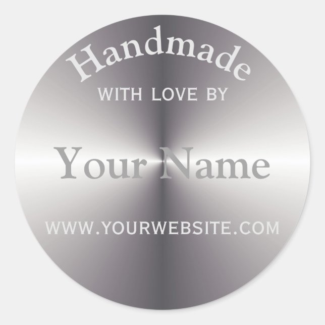 Your Name Handmade By Round Sticker Silver Metal (Front)