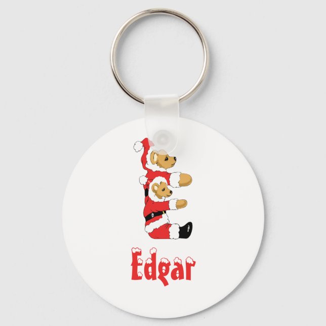 Your Name Here! Custom Letter E Teddy Bear Santas Keychain (Front)