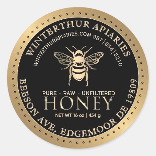 Your Name Here Editable Gold Bee Honey on Black Classic Round Sticker