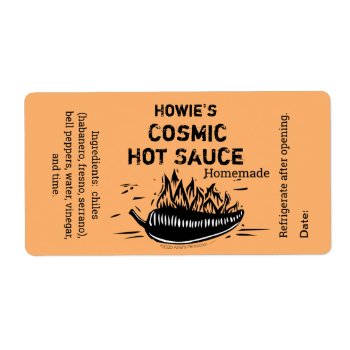 Your Name Hot Sauce Woodcut Flaming Chili Pepper Label by alinaspencil at Zazzle