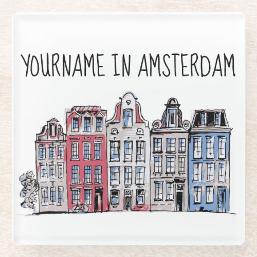 Your Name in Amsterdam Waterfront Damrak Buildings Glass Coaster