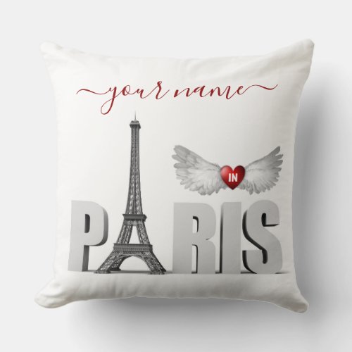 Your Name in Paris Eiffel Tower Heart Angel Wings Throw Pillow