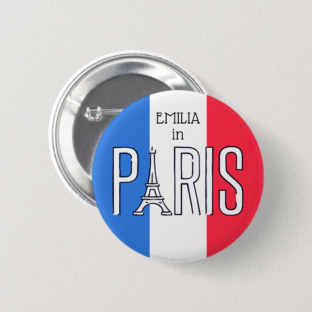 [your name] in Paris - Eiffel Tower typography Button (Front & Back)