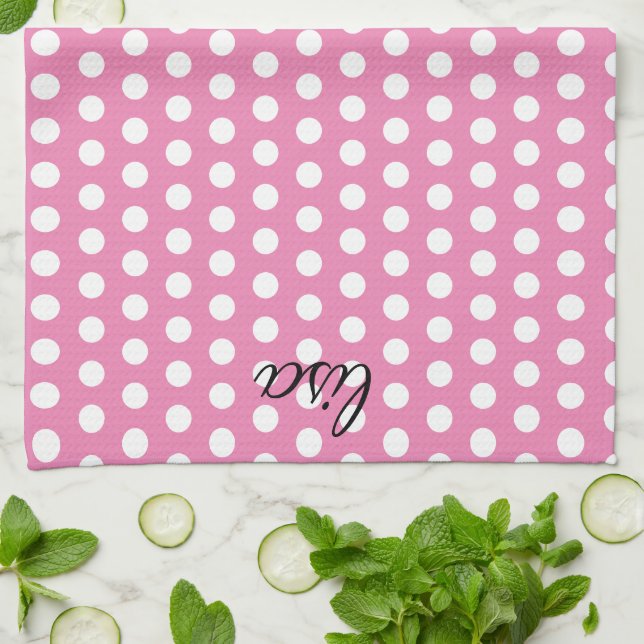 your name in pink and white dots trendy pattern kitchen towel (Folded)