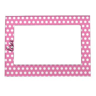 your name in pink and white dots trendy pattern magnetic frame