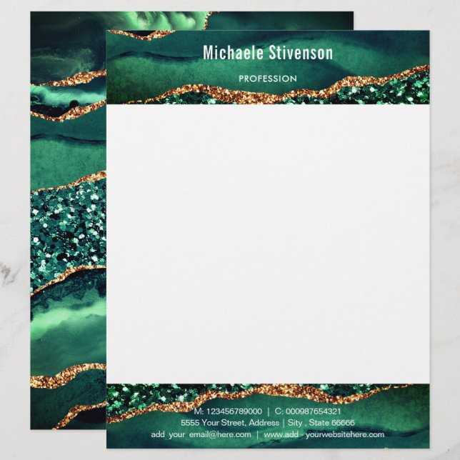 Your Name Info Letterhead Agate Green Gold Glitter (Front/Back)