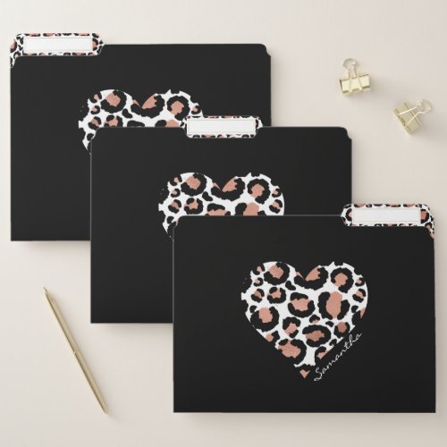 Your Name Leopard Cheetah Pattern Heart Black File Folder