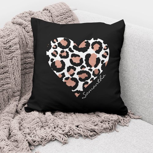 Your Name Leopard Cheetah Pattern Heart Black Throw Pillow