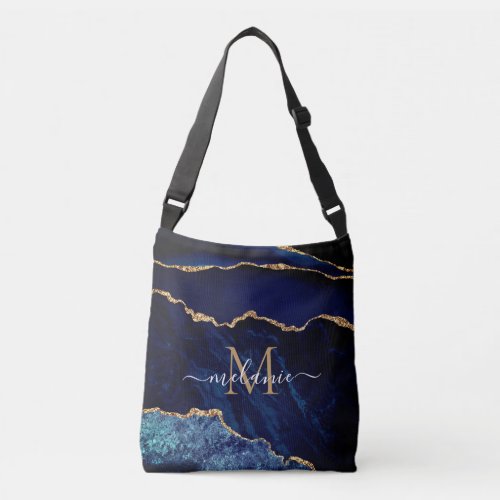 Your Name Letter Agate Navy Blue Gold Marble Crossbody Bag