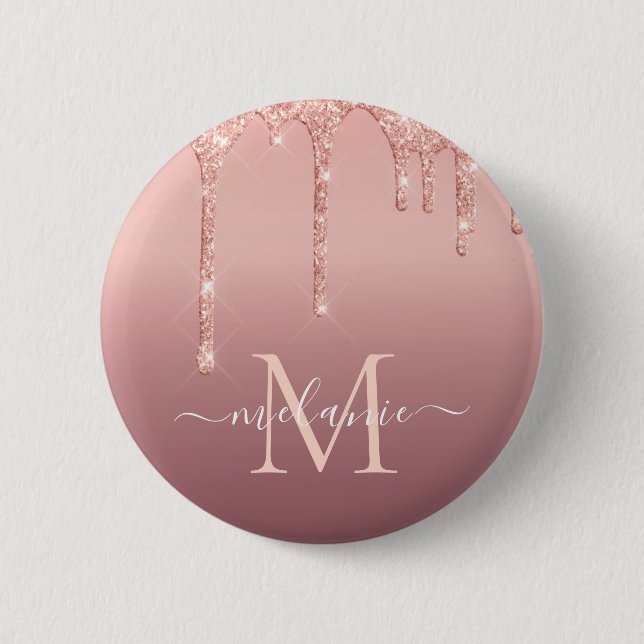 Your Name Letter Button Rose Gold Blush Glitter (Front)