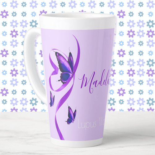 Your Name Lupus Warrior Purple Butterfly Ribbon Latte Mug