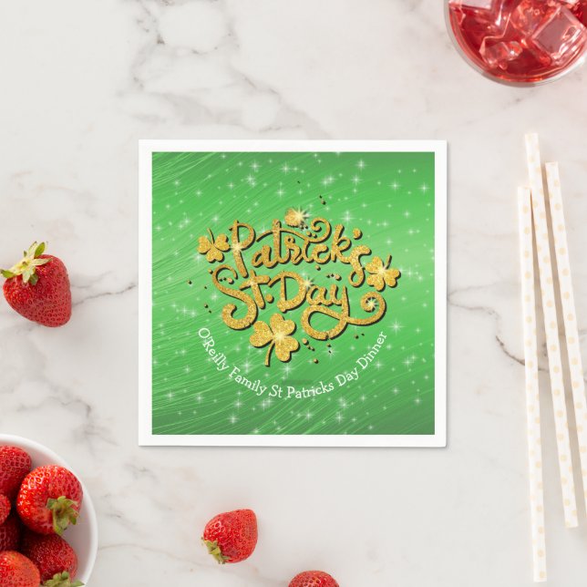 Your Name Message St Patricks Day Gold Shamrock Napkins (Insitu)