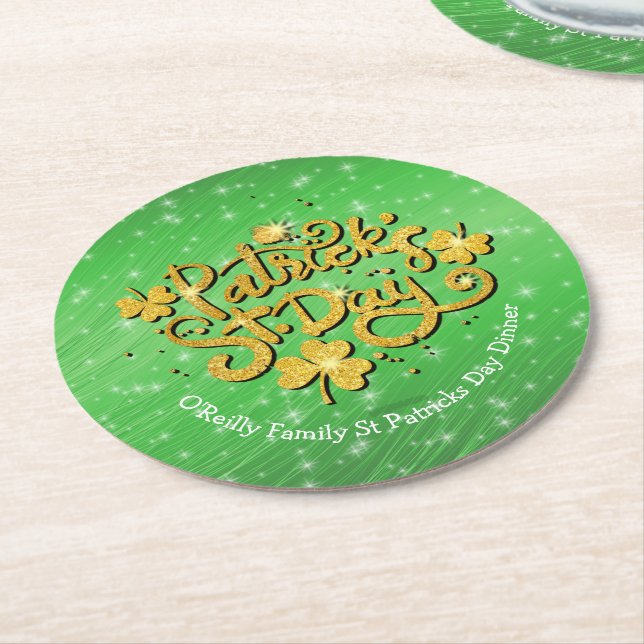 Your Name Message St Patricks Day Gold Shamrock Round Paper Coaster (Angled)