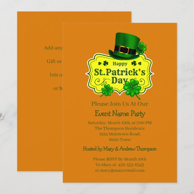Your Name Message St Patricks Day Green Shamrock Invitation (Front/Back)