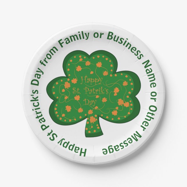 Your Name Message St Patricks Day Green Shamrock Paper Plates (Front)