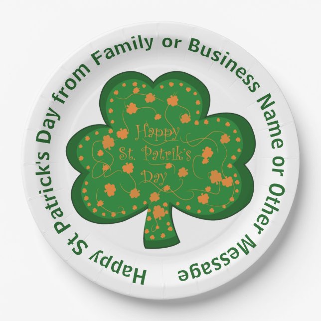 Your Name Message St Patricks Day Green Shamrock Paper Plates (Front)