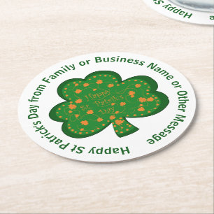 Your Name Message St Patricks Day Green Shamrock Round Paper Coaster