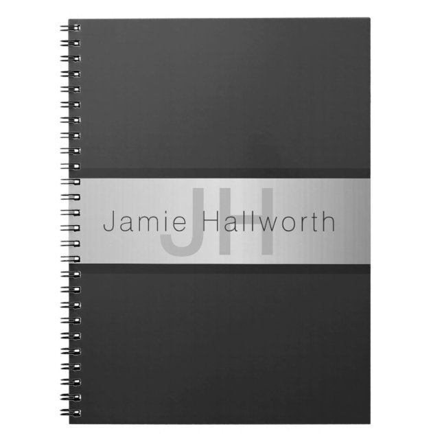 Your Name & Monogram | Grays & Faux Silver Look Notebook (Front)