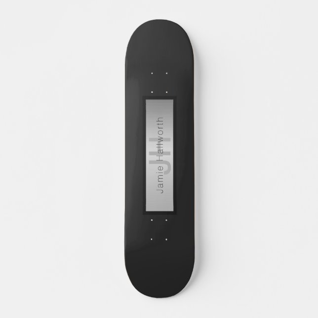 Your Name & Monogram | Grays & Faux Silver Look Skateboard (Front)