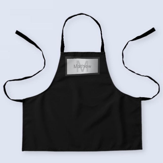 Your Name & Monogram | Greys Black & Faux Silver Apron (Creator Uploaded)