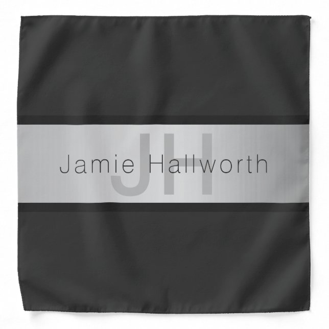 Your Name & Monogram | Greys & Faux Silver Look Bandana (Front)