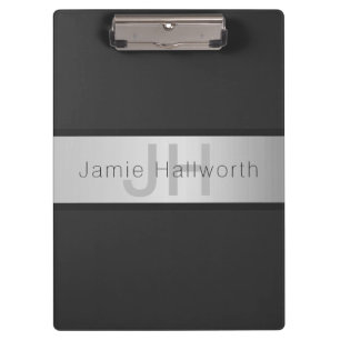 Your Name & Monogram Greys & Faux Silver Look Clipboard