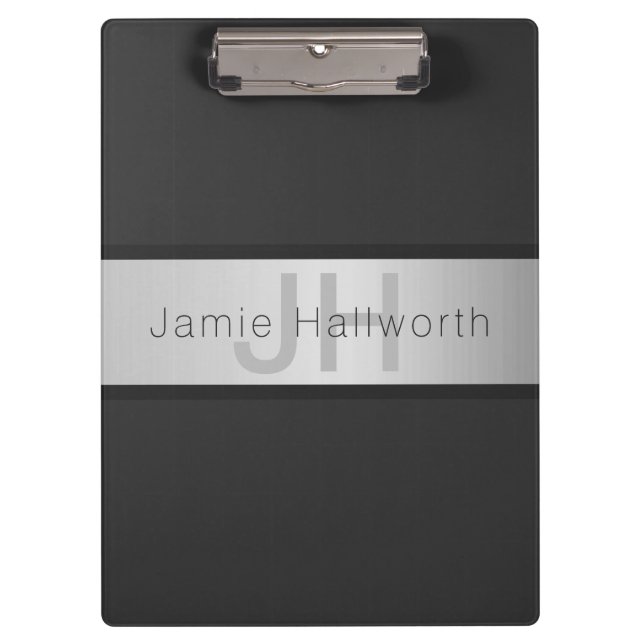 Your Name & Monogram | Greys & Faux Silver Look Clipboard (Front)