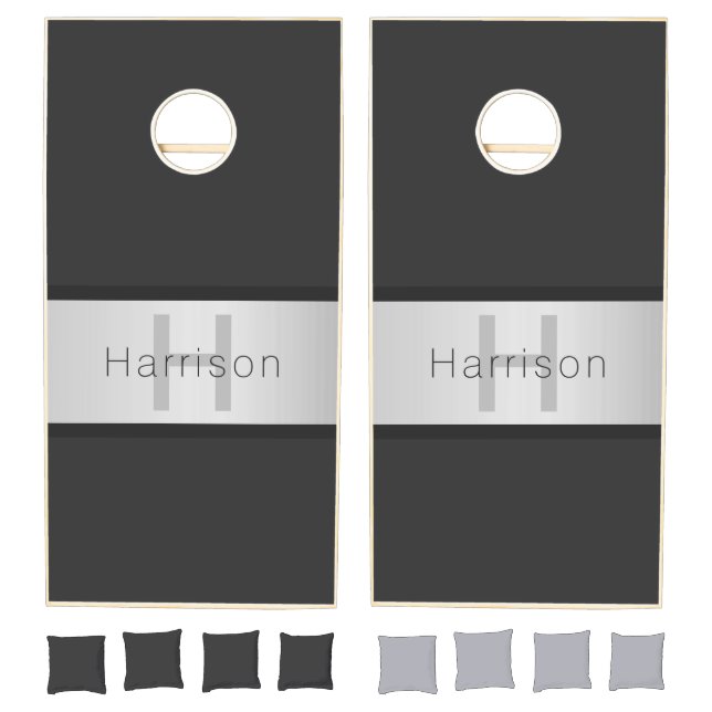 Your Name & Monogram | Greys & Faux Silver Look Cornhole Set (Set)