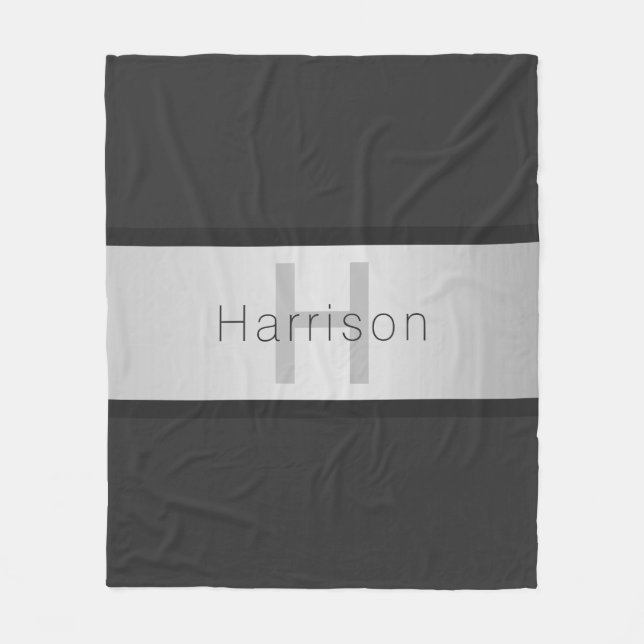 Your Name & Monogram | Greys & Faux Silver Look Fleece Blanket (Front)