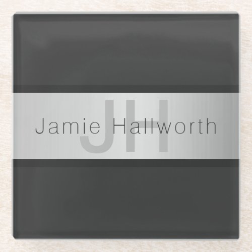 Your Name  Monogram  Greys  Faux Silver Look Glass Coaster