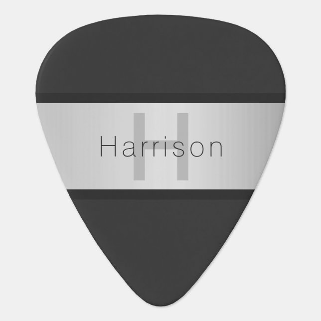 Your Name & Monogram | Greys & Faux Silver Look Guitar Pick (Front)