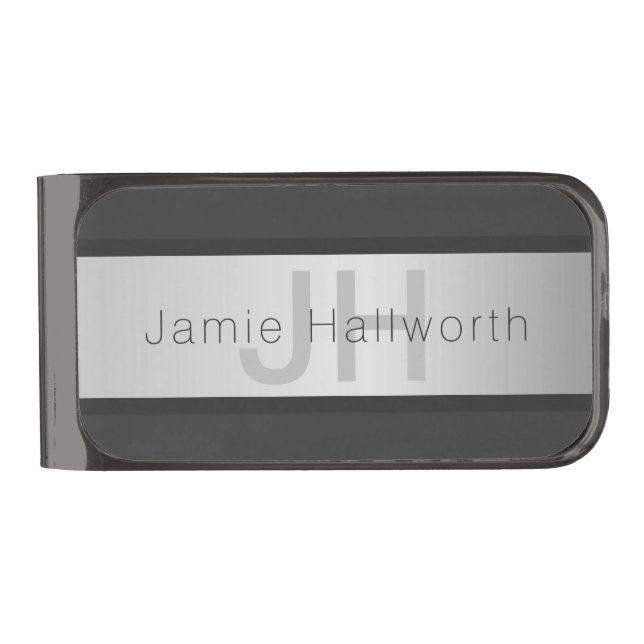 Your Name & Monogram | Greys & Faux Silver Look Gunmetal Finish Money Clip (Front)