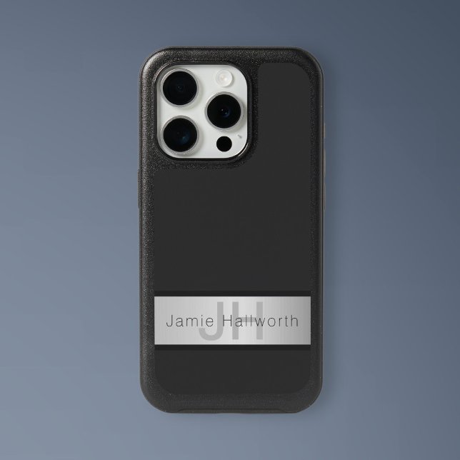Your Name & Monogram | Greys & Faux Silver Look iPhone 15 Pro Case (Creator Uploaded)